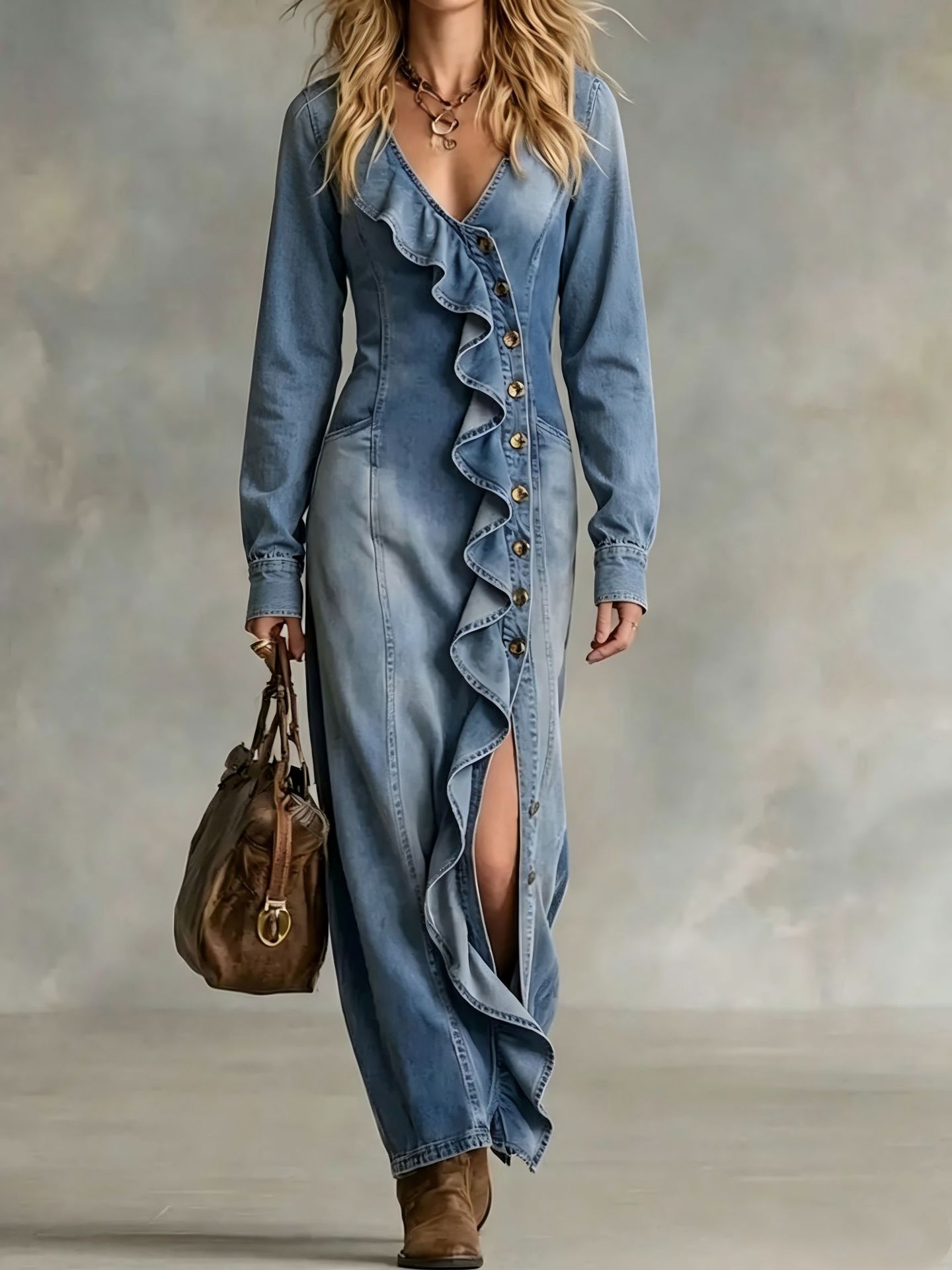 Women's Long Sleeve V-Neck Slit Denim Dress Solid Color Long