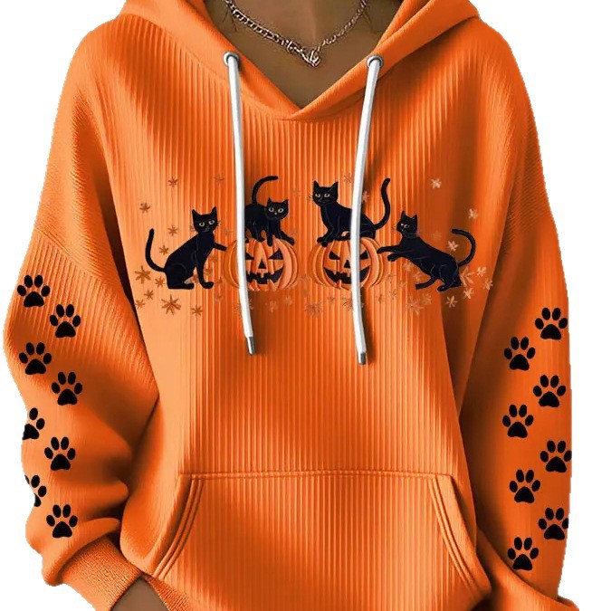 Women's Halloween Cat Pumpkin Paw Print Hoodie