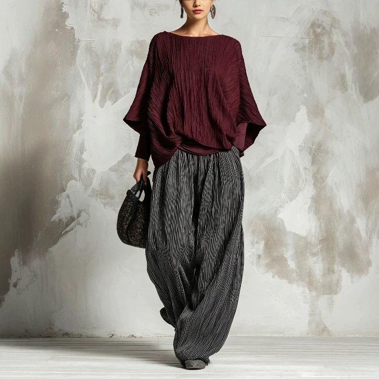 Women's Pleated Batwing Sleeve Top & Wide-Leg Pants Two-Piece Set