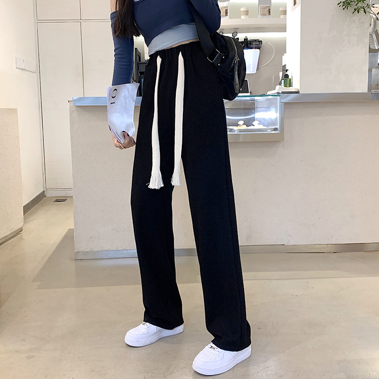 Women's High-Waist Wide-Leg Knit Pants with Tie Belt
