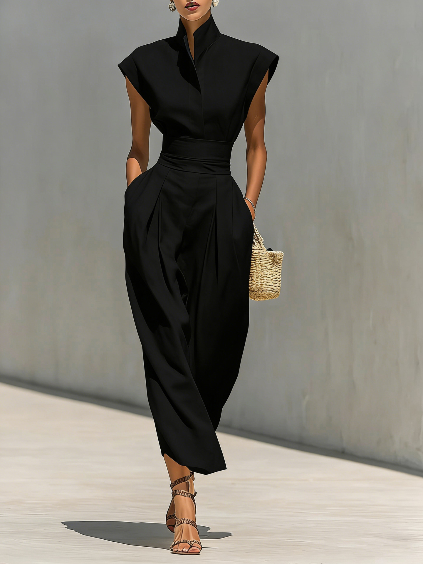 High-Waist Midi Skirt & High-Neck Loose Top Commuter Dress Set