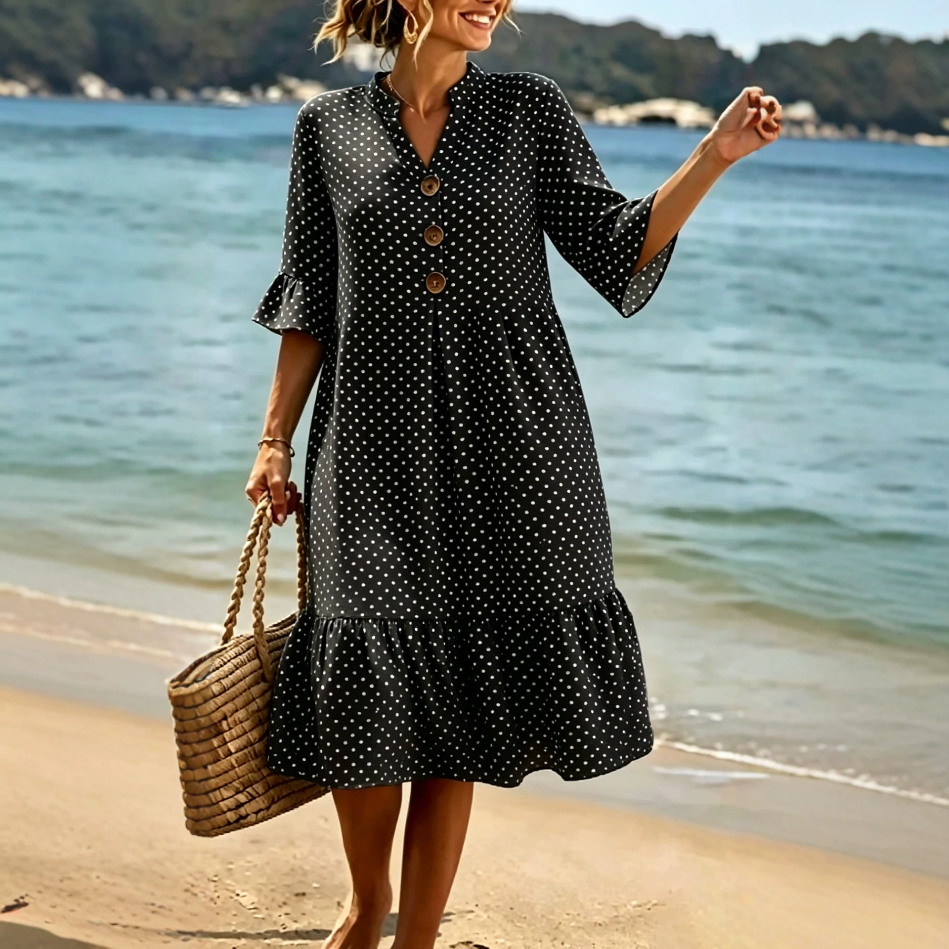 V-Neck Polka Dot Ruffle Sleeve Boho Vacation Dress