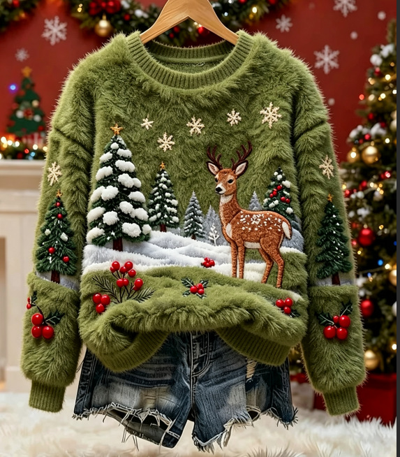 Christmas Reindeer Print Long-Sleeve Pullover Fleece Sweatshirt