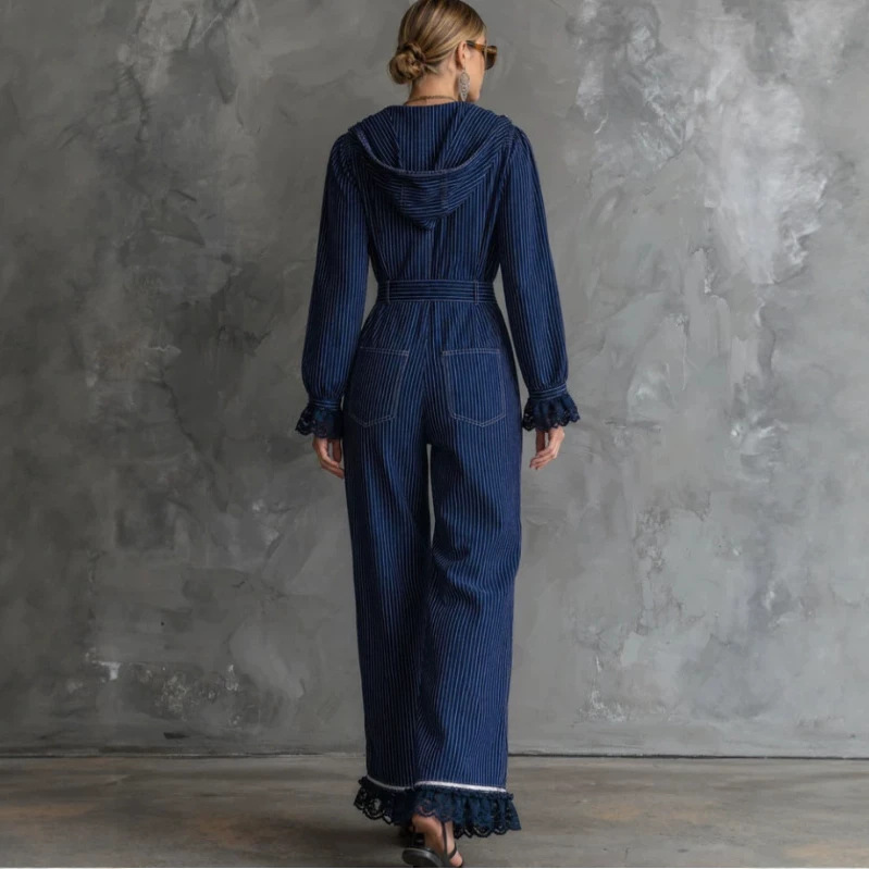 Dark Blue Striped Lace Trim Jumpsuit
