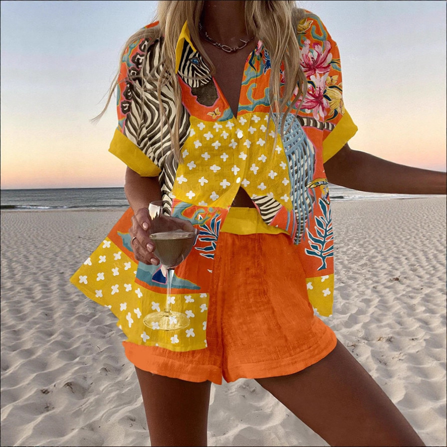 Women's Animal Print Short Sleeve Collared Top Set
