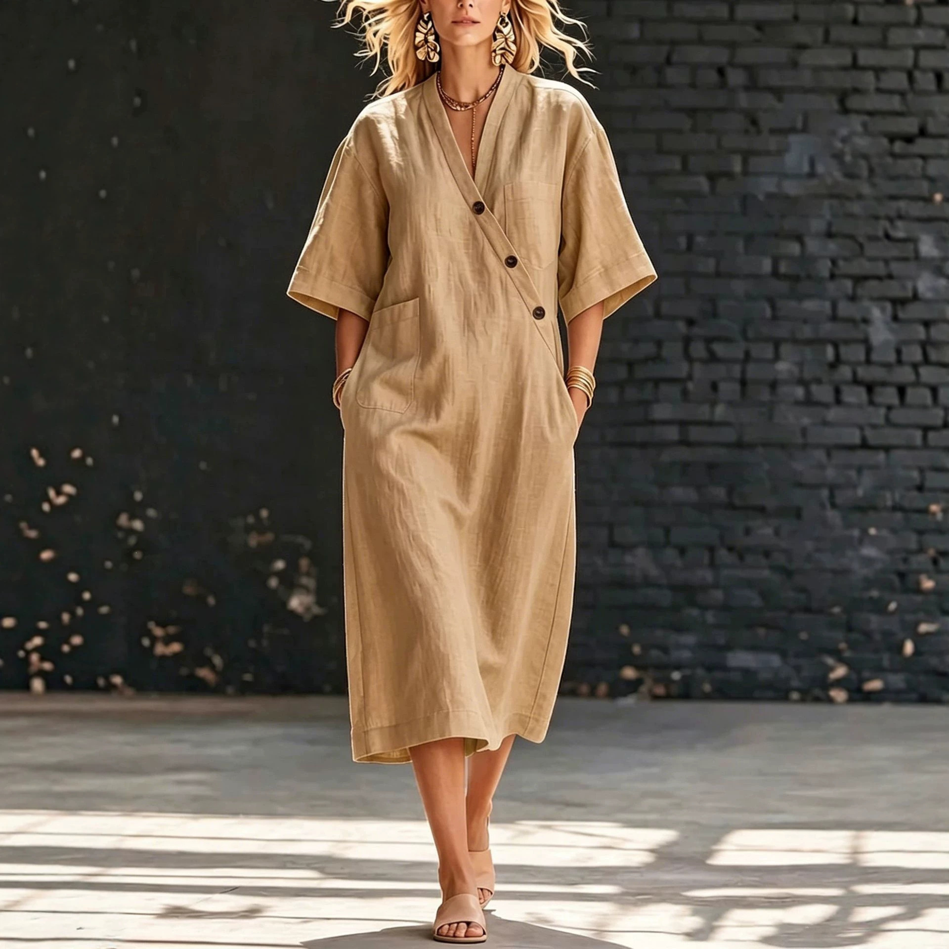 V-Neck Button-Front Cotton-Linen Midi Dress with Pockets Short Sleeve