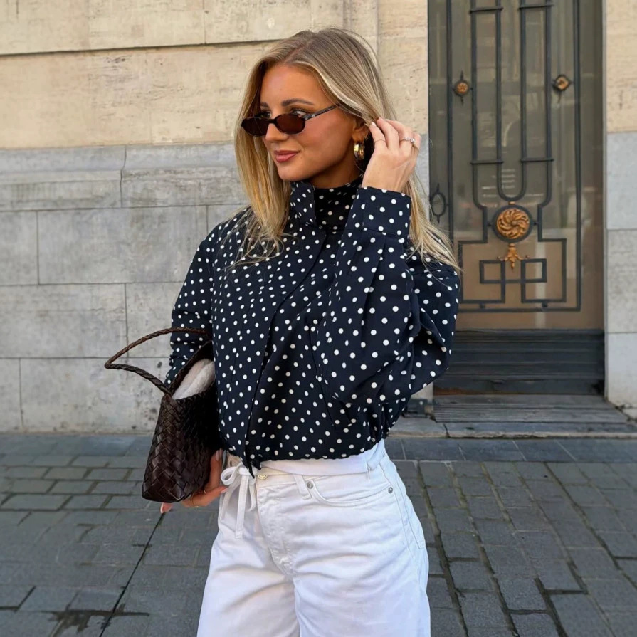 Polka Dot Long Sleeve Loose Fit Zip Jacket with Pockets