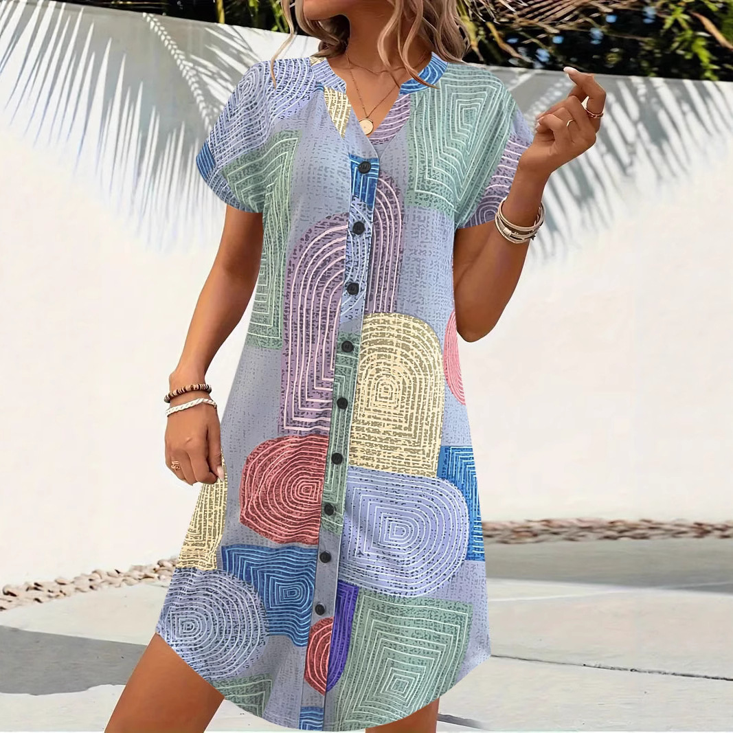 Geometric Print V-Neck Button Short Sleeve Loose Casual Dress