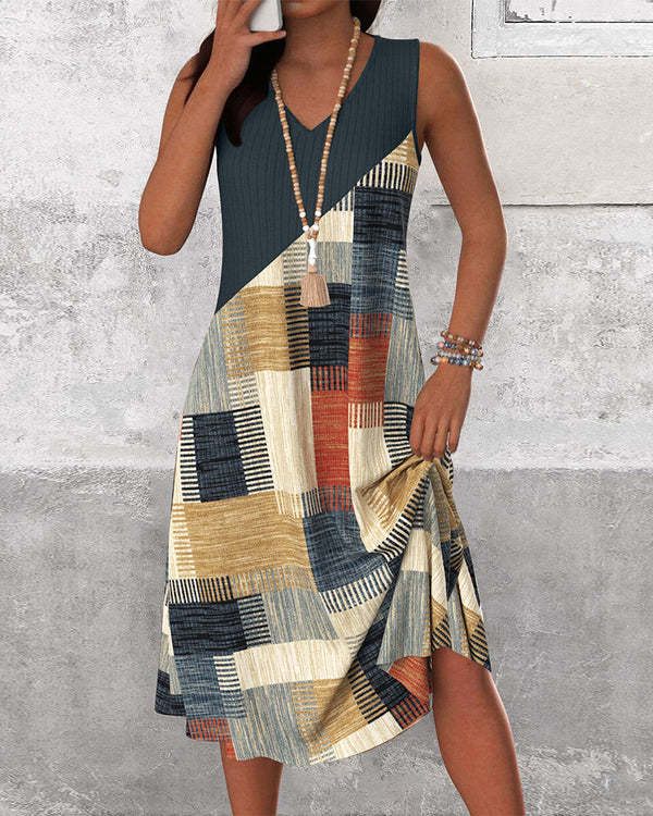 Women's Casual V-Neck Sleeveless Colorblock Midi Dress