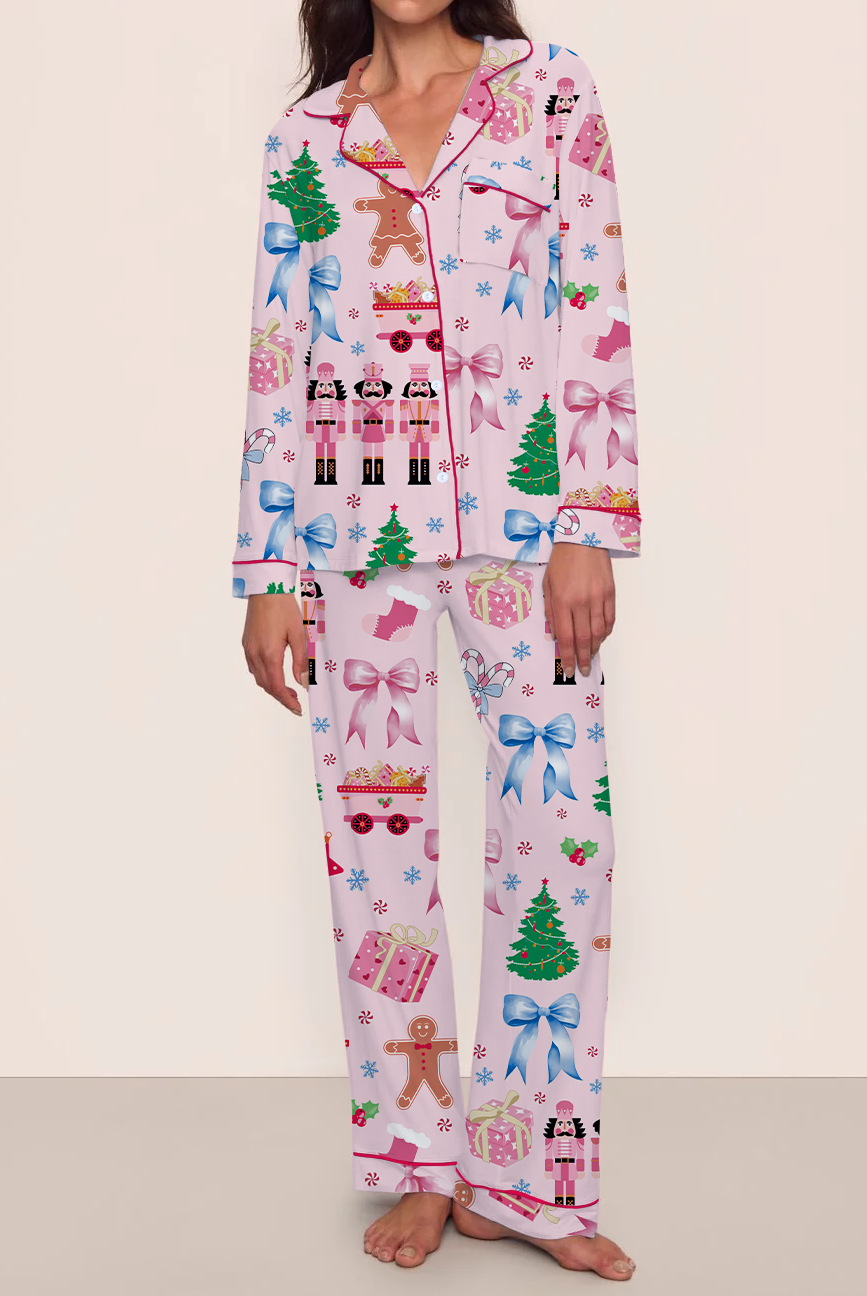 Women's Cuban Collar Tree Ribbon Bus Print Long Sleeve Shirt Set