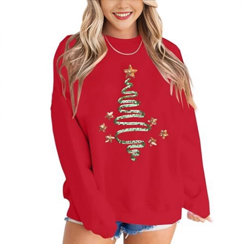 Women's Ribbon Bow Christmas Tree Print Crewneck Sweatshirt