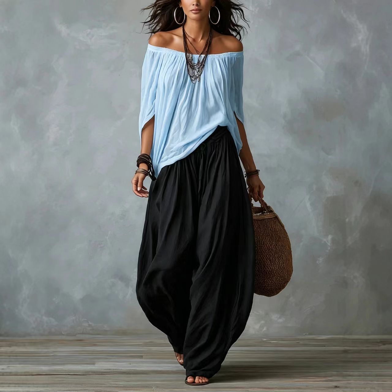 Women's Casual Solid Color Loose Top and Wide-Leg Pants Two-Piece Set