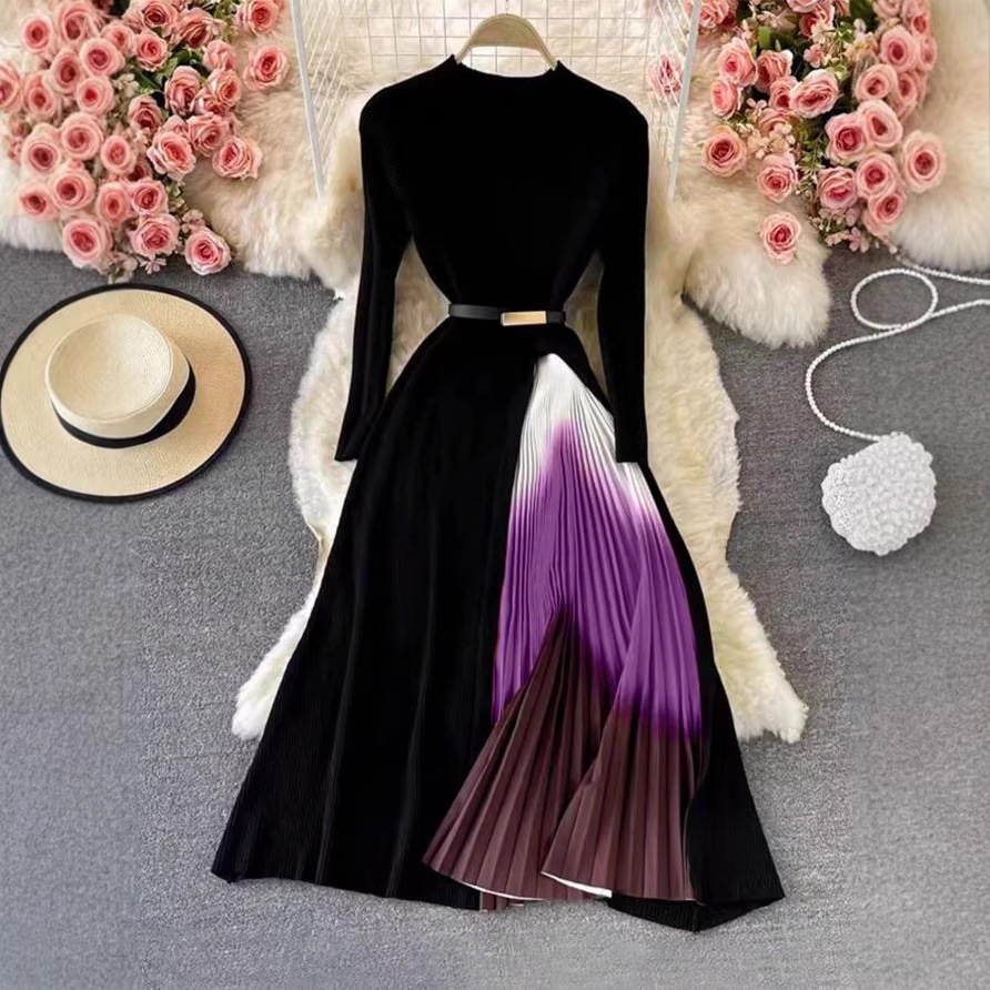 Elegant Gradient Belted Long Sleeve Dress with Stand Collar