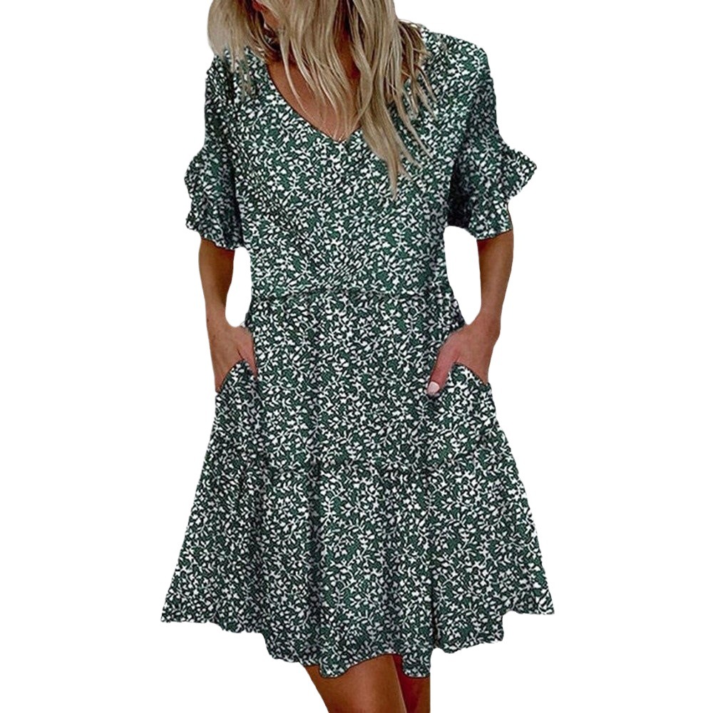 Women's V-Neck Floral Print Swing Dress Short Sleeve