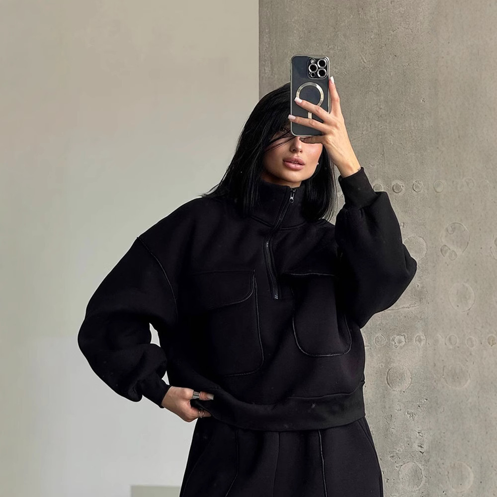 Women's Half-Zip Hoodie and Pants Set with Pockets