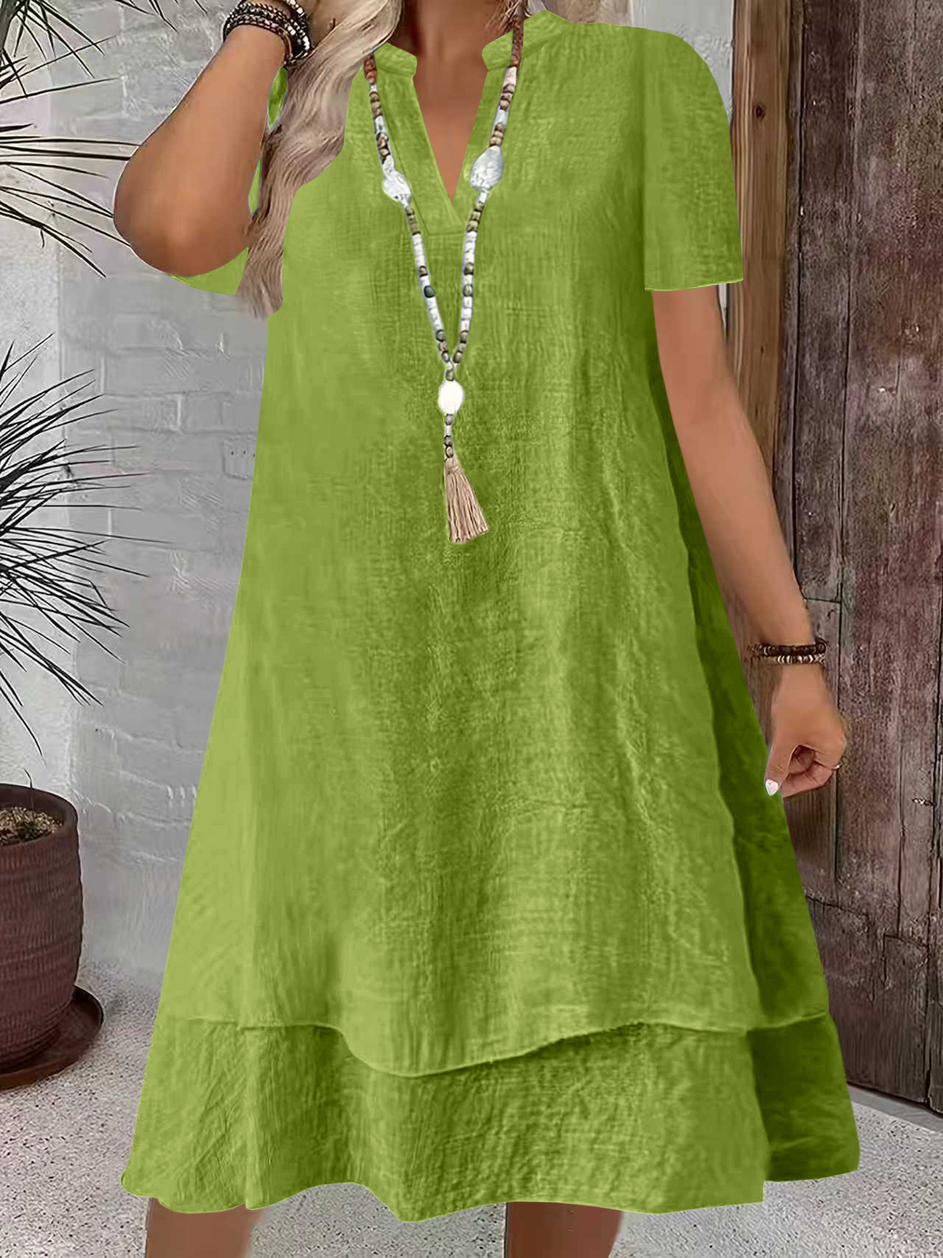 Women's Short Sleeve V-Neck Tiered Midi Dress Casual Loose Solid