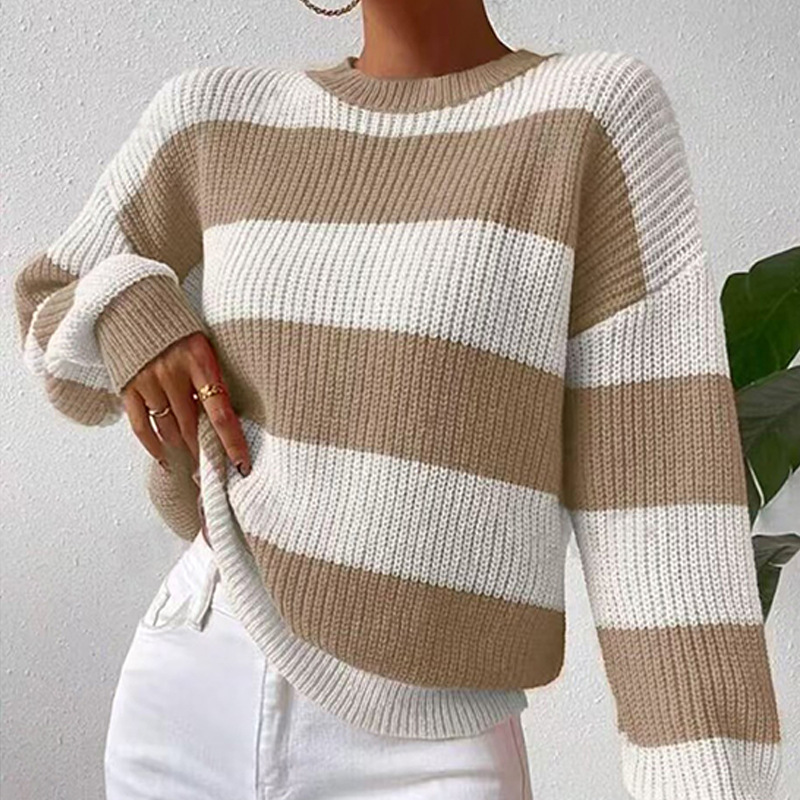 Striped Crewneck Pullover Sweater Loose Fit Long Sleeve Knit Top