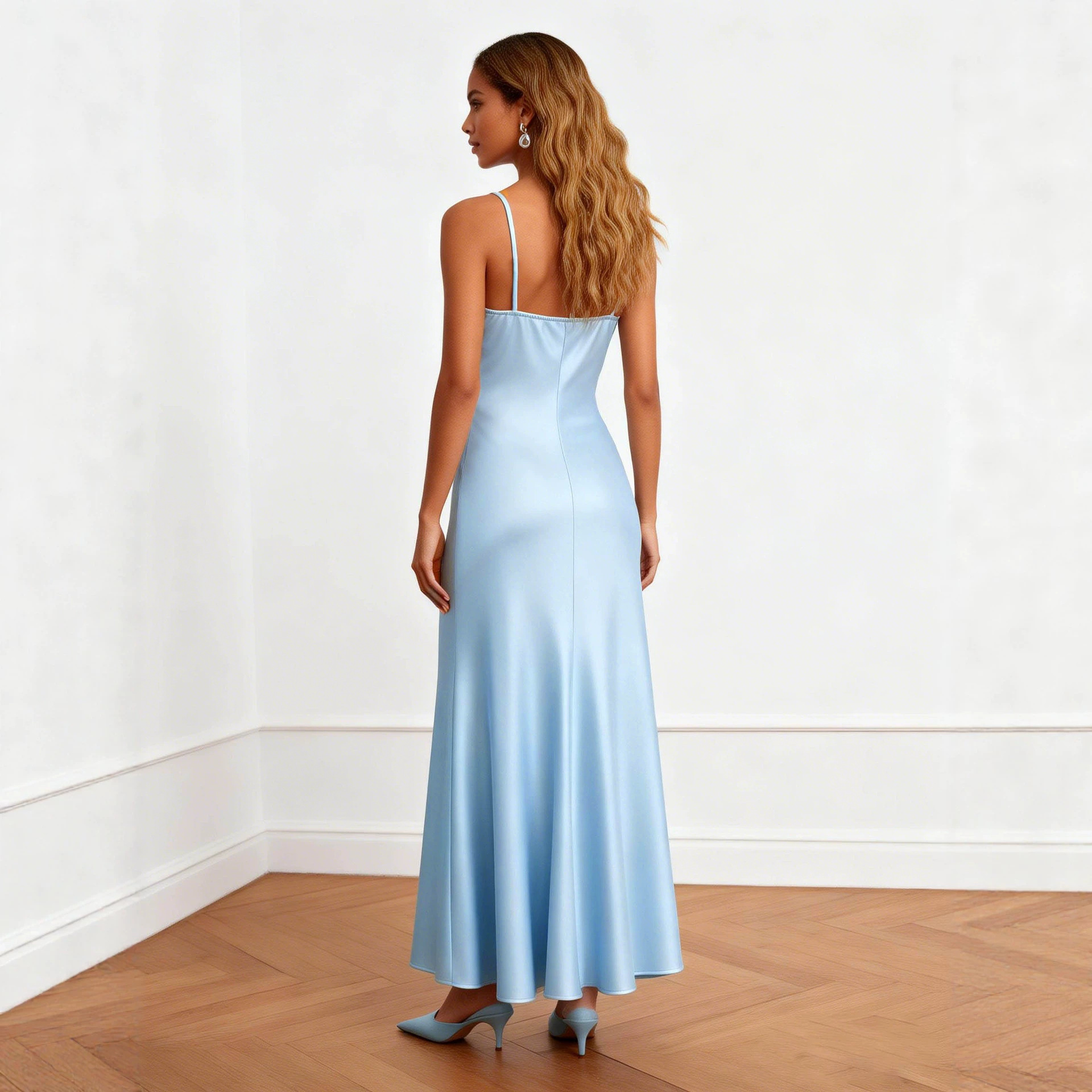 Light Blue Satin Strapless Ruffle Floral Bodycon Long Dress