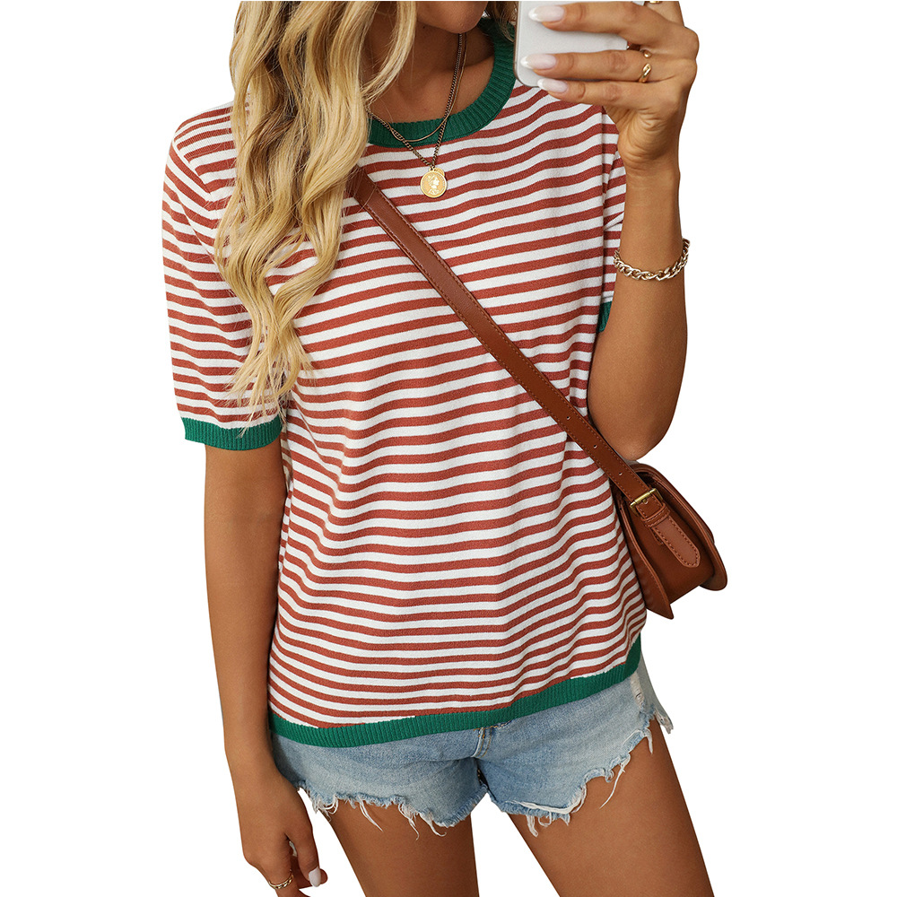 Women's Striped Colorblock Crewneck Short Sleeve Casual Sweater