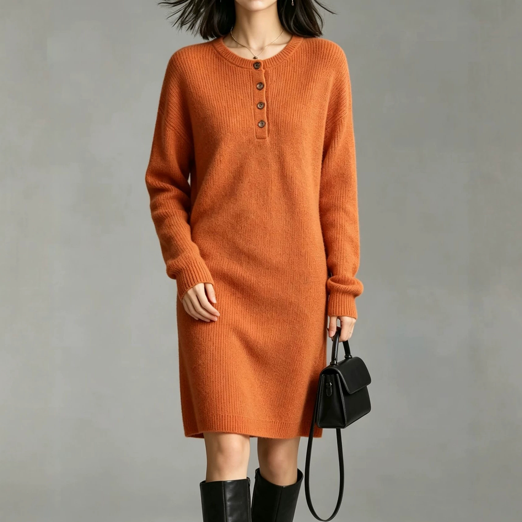 Women's Crewneck Solid Knit Midi Dress with Buttons