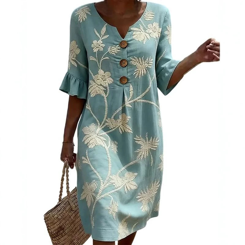 Women's Floral Print Ruched Three-Button Rolled-Sleeve Dress
