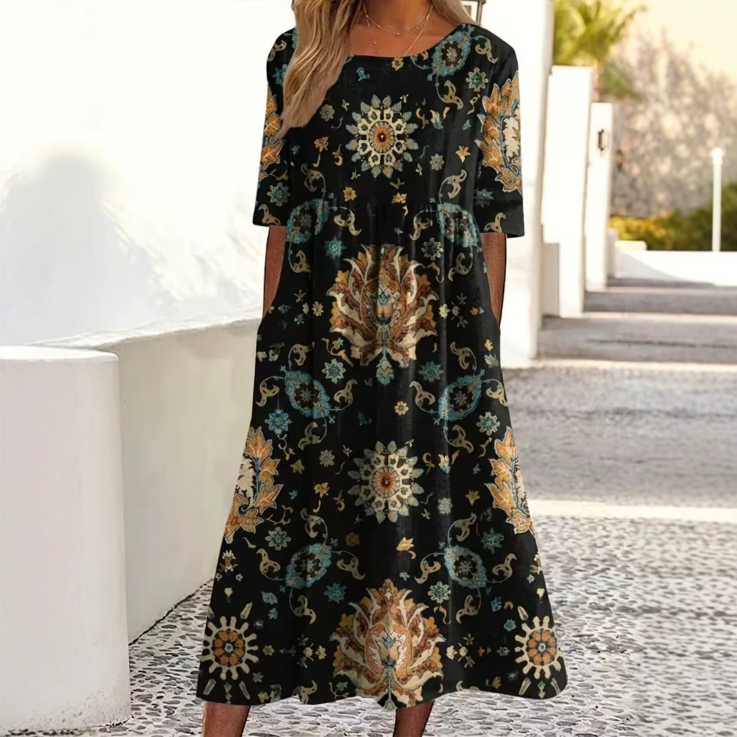 Women's Vintage Floral A-Line Midi Dress