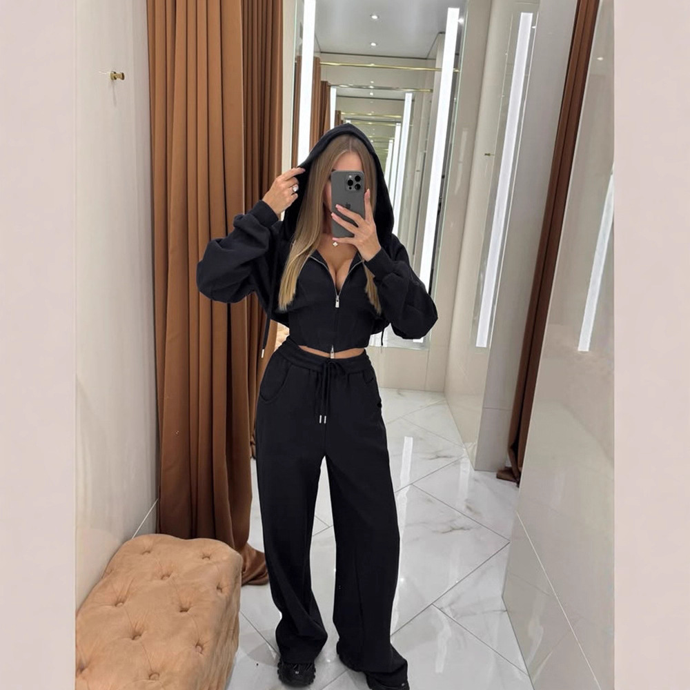 Solid Zip-Up Hooded Drawstring Waist Sweatshirt & Pants Two-Piece Set