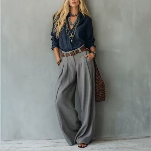Women's Cotton-Linen Long-Sleeve Casual Pants Set with Shirt, Color-Block, No Belt