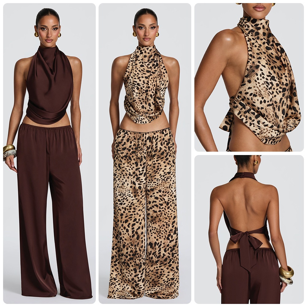 Women's Sleeveless Draped Neck Crop Top and Wide-Leg Pants Two-Piece Set