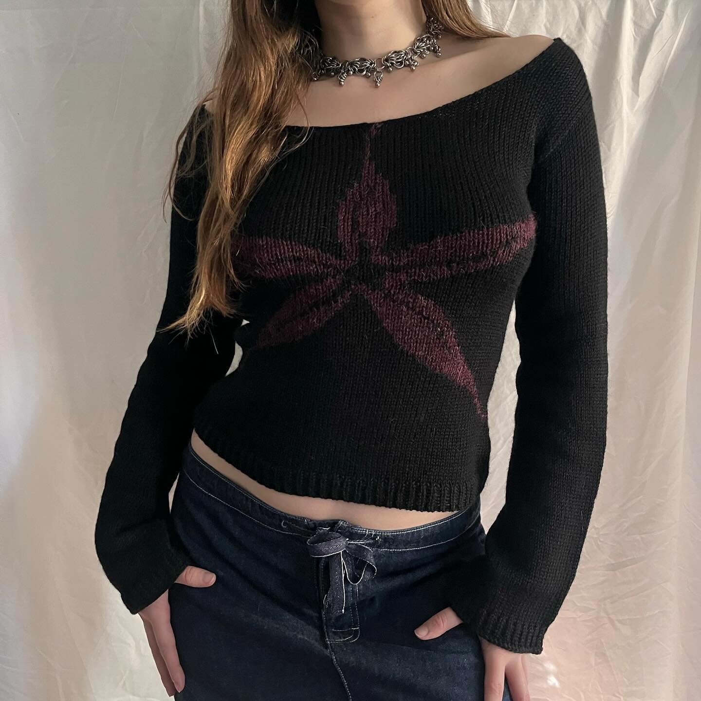 Dark Style Jacquard Crewneck Knit Top Long Sleeve Cropped Pullover