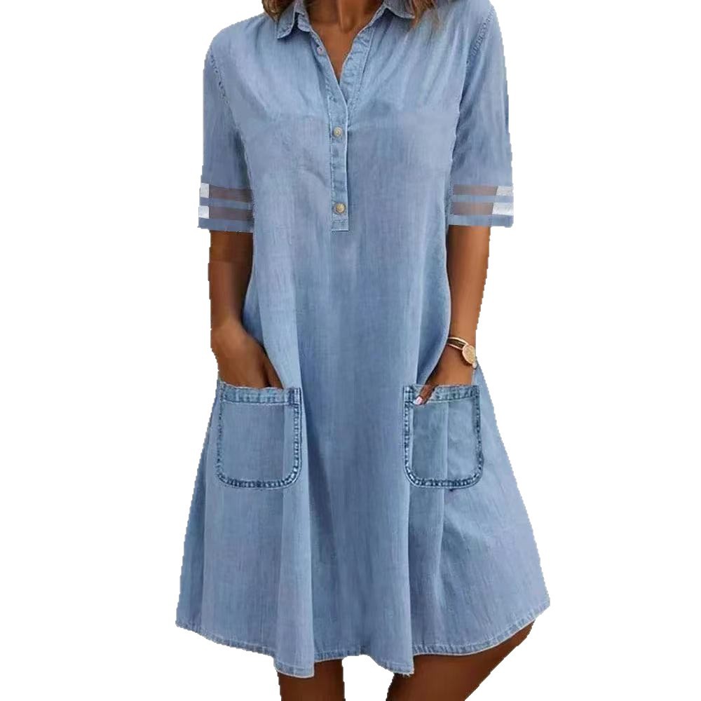 Denim Washed Mesh Short Sleeve Pocket Shirt Dress