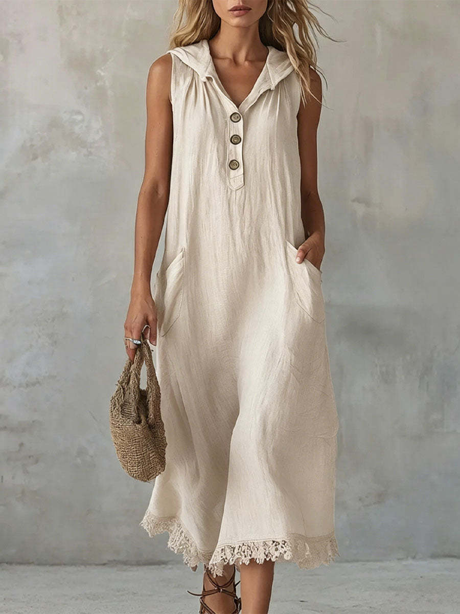 Women's Summer Hooded Dress Loose V-Neck Button Lace Trim Sleeveless Long Dress