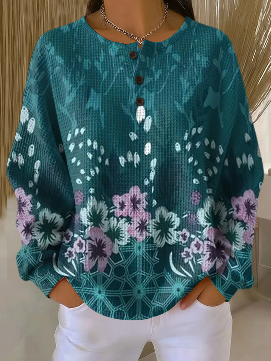 Women's Plaid Tree Floral Polka Dot Print Button Sweatshirt