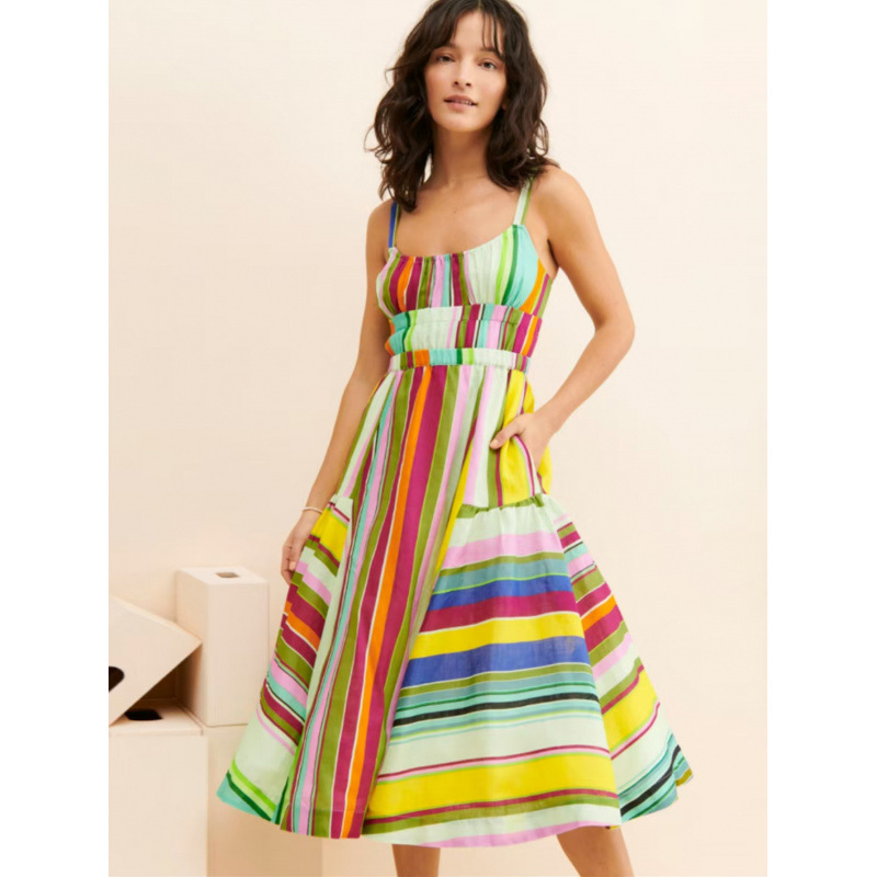 Colorful Striped Cami Dress Boho Back Cutout Fringe Tie Pocket Maxi