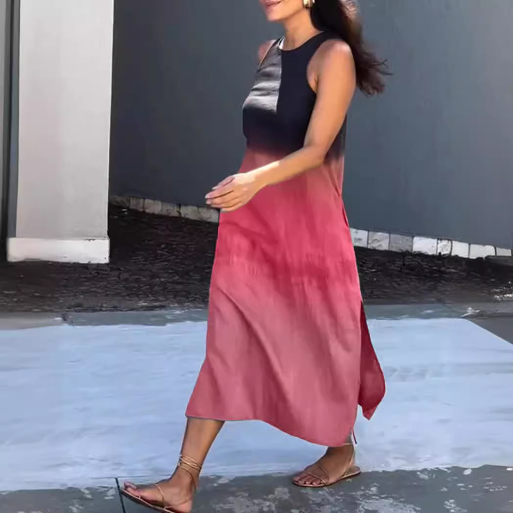 Women's Sleeveless Colorblock Print Round Neck Loose Dress