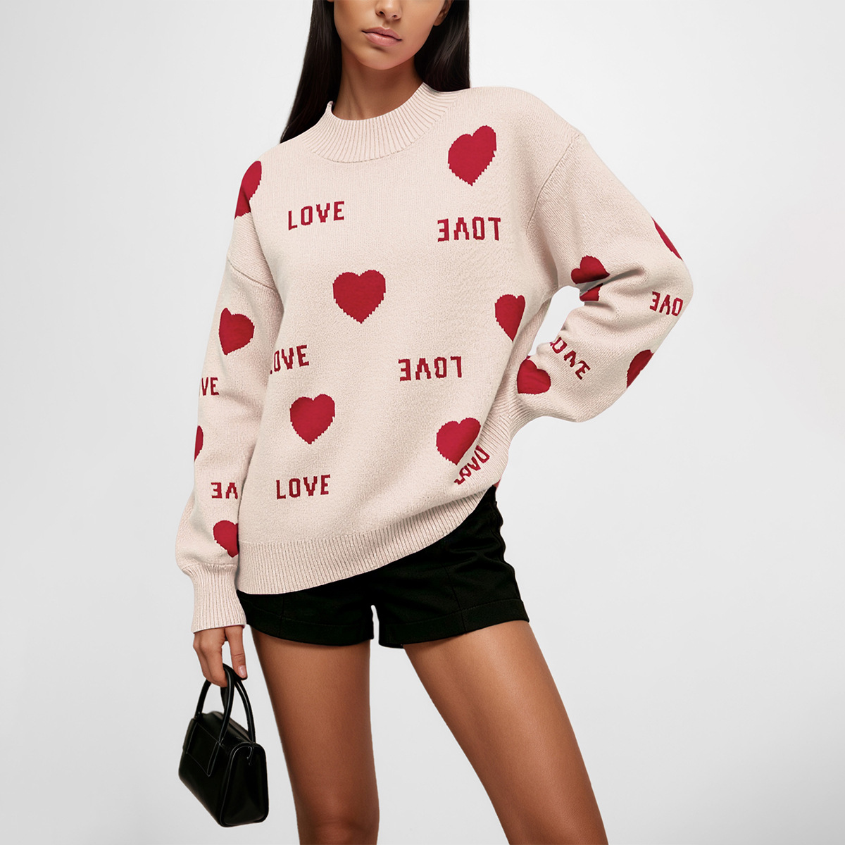 Heart Jacquard Pullover Sweater Crew Neck Loose Fit