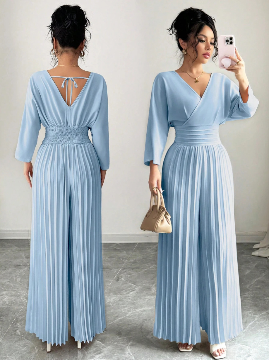 Elegant Solid V-Neck Pleated Waist-Defining Wide-Leg Jumpsuit