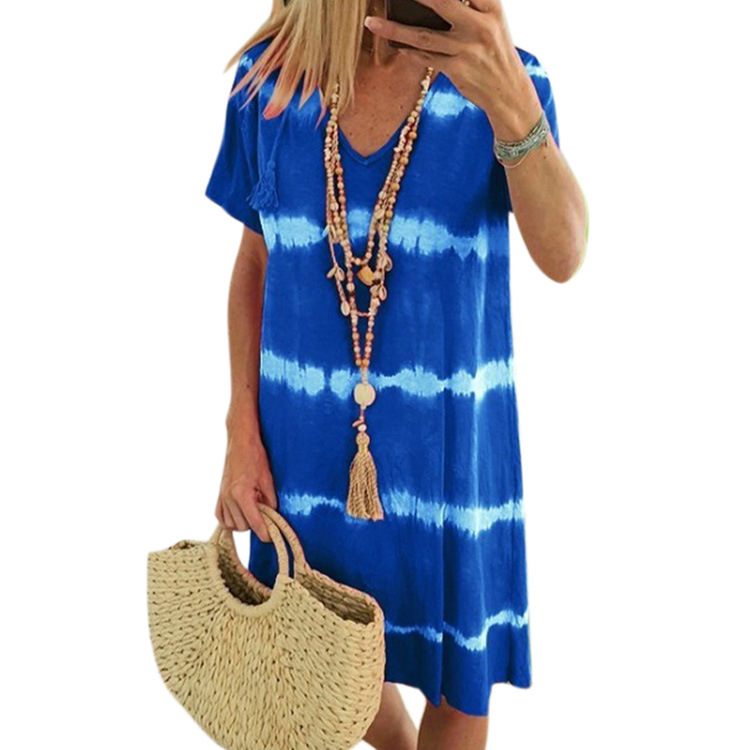 Women's Summer V-Neck Striped Tie-Dye Short Sleeve Dress