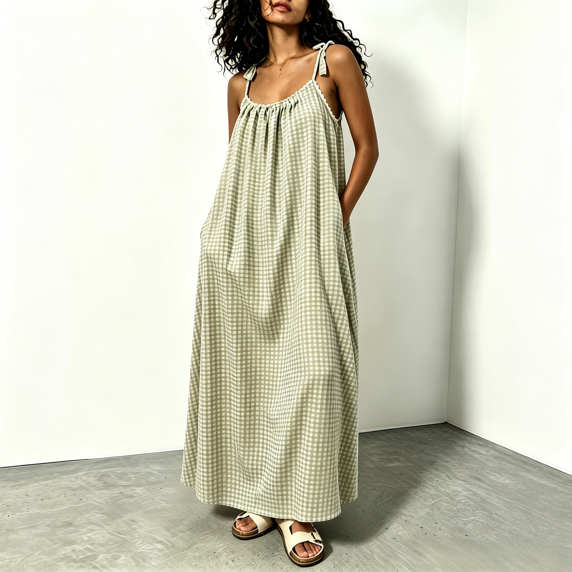 Women's Summer Sleeveless Plaid Maxi Dress Casual Loose Fit