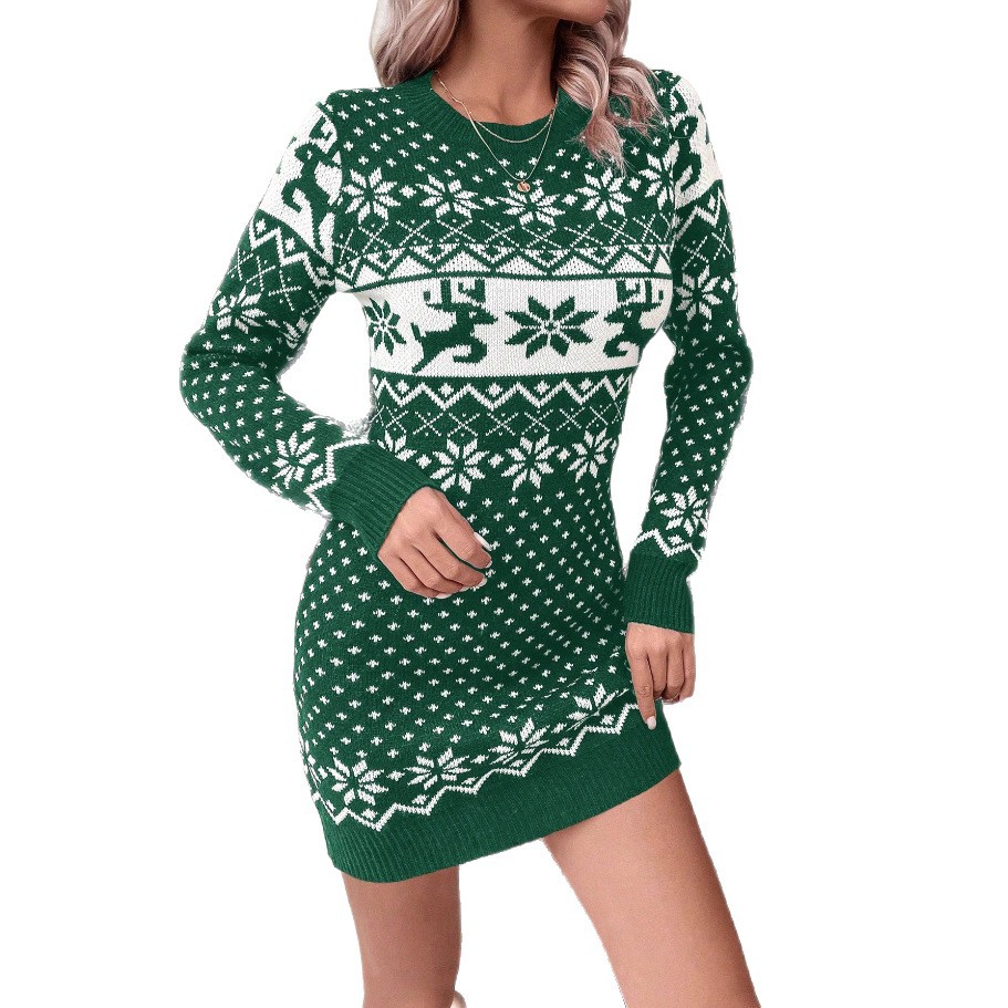Christmas Jacquard Knit Bodycon Dress Long Sleeve Crew Neck Mini