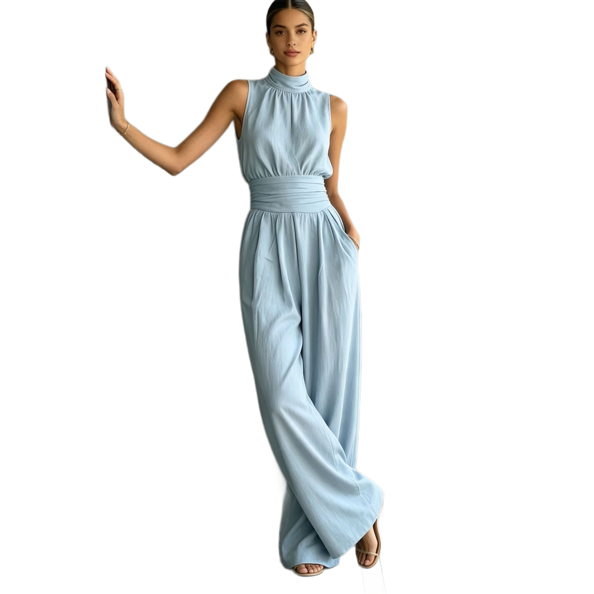 Women's Sleeveless Mock Neck Wide Leg Jumpsuit Solid Casual Long Pants