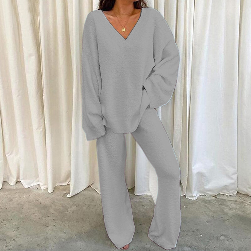 Women's Solid V-Neck Long-Sleeve Two-Piece Loungewear Set Warm Comfortable