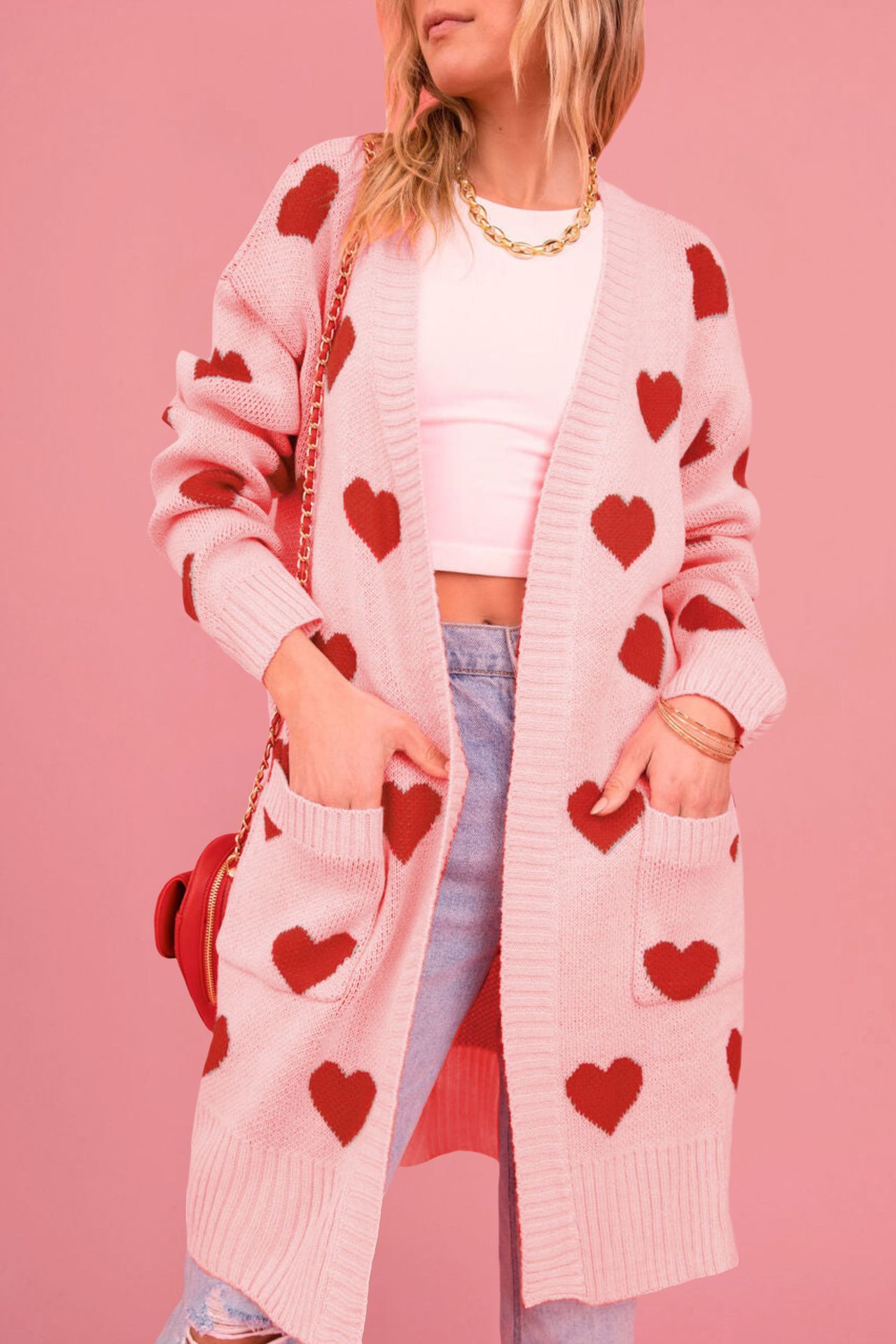 Heart Jacquard Knit Midi Cardigan Sweater Coat Women's Plus Size