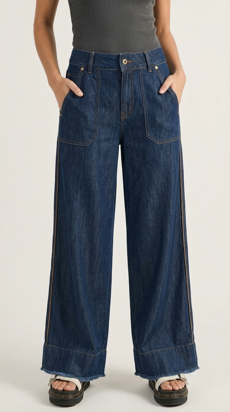 Women's Straight-Leg Washed Denim Pants Casual Commuter