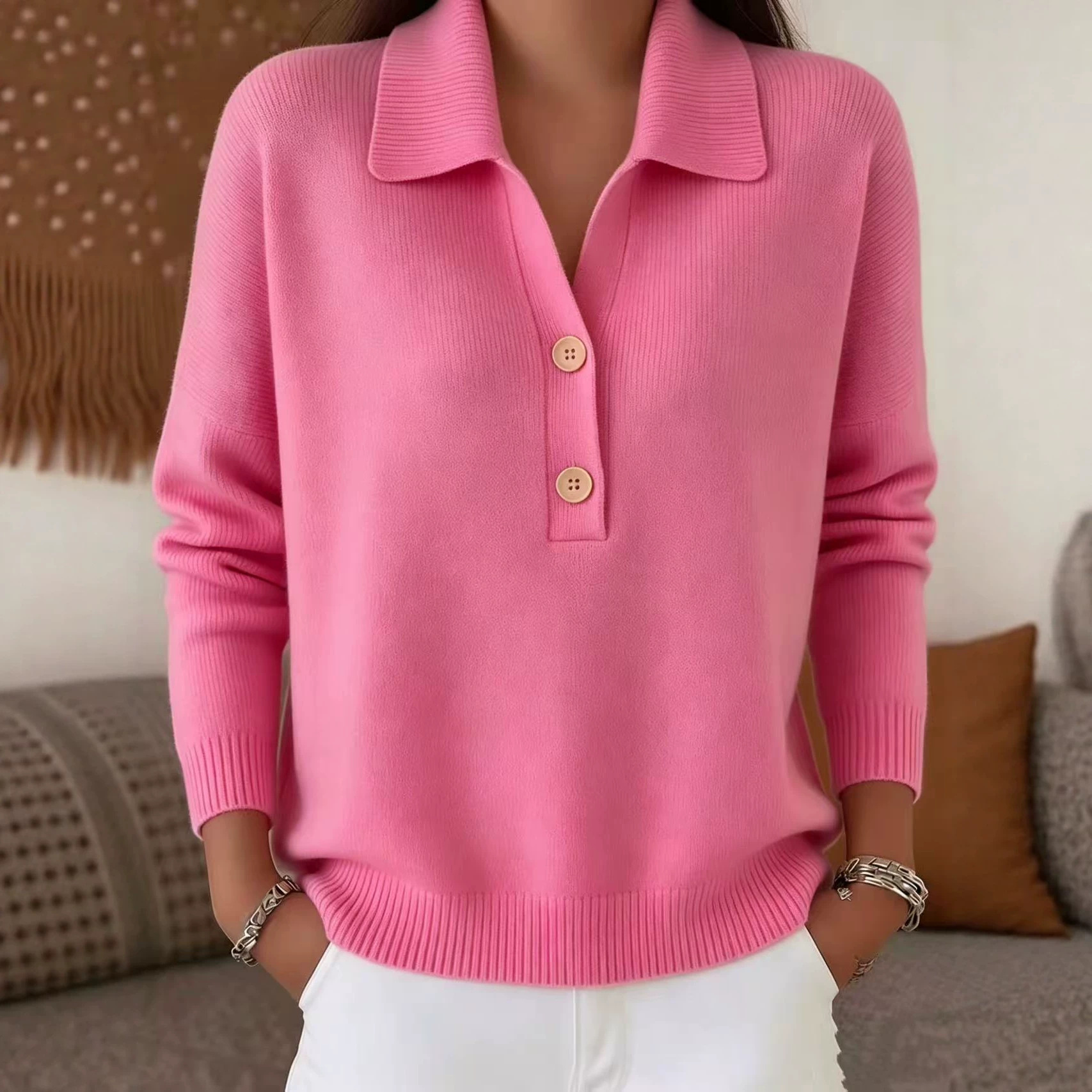 Women's Wool-Blend Button-Front Collared Knit Sweater