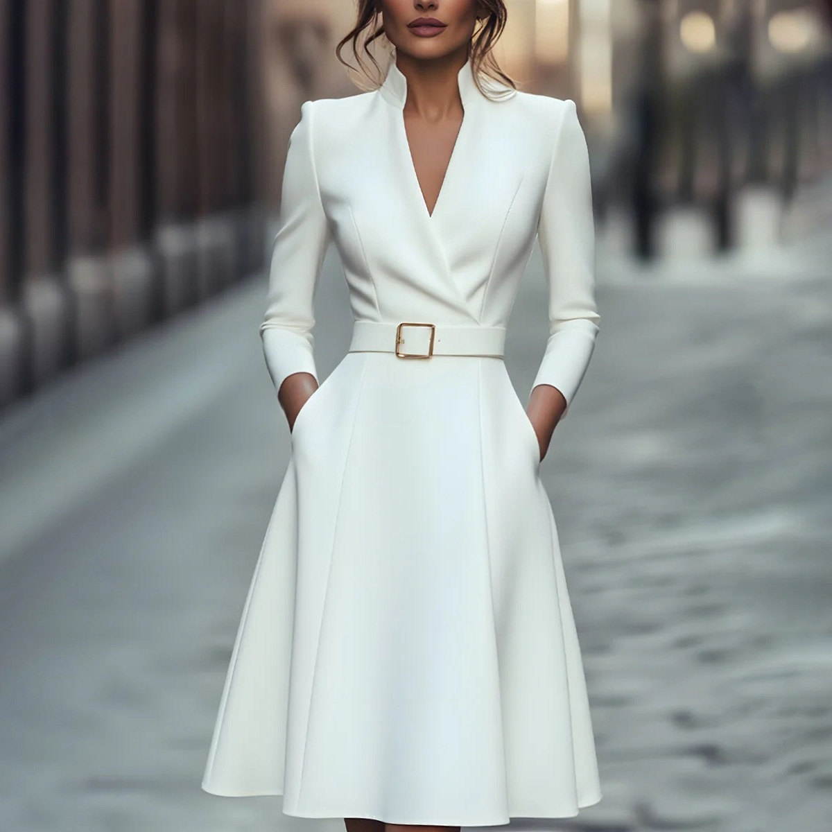 Solid V-Neck Waist-Cinched A-Line Long Sleeve Midi Dress