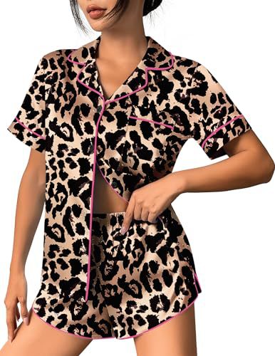 Women's Cuban Collar Leopard Tree Floral Monkey Print Short Sleeve Set