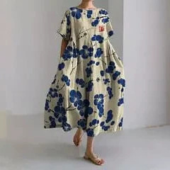Women's Loose Round Neck Floral Print Midi Dress