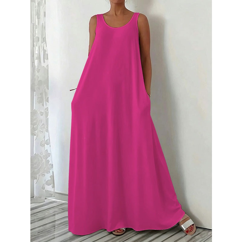 Women's Summer Sleeveless Solid Color Long Dress Casual Slim Fit