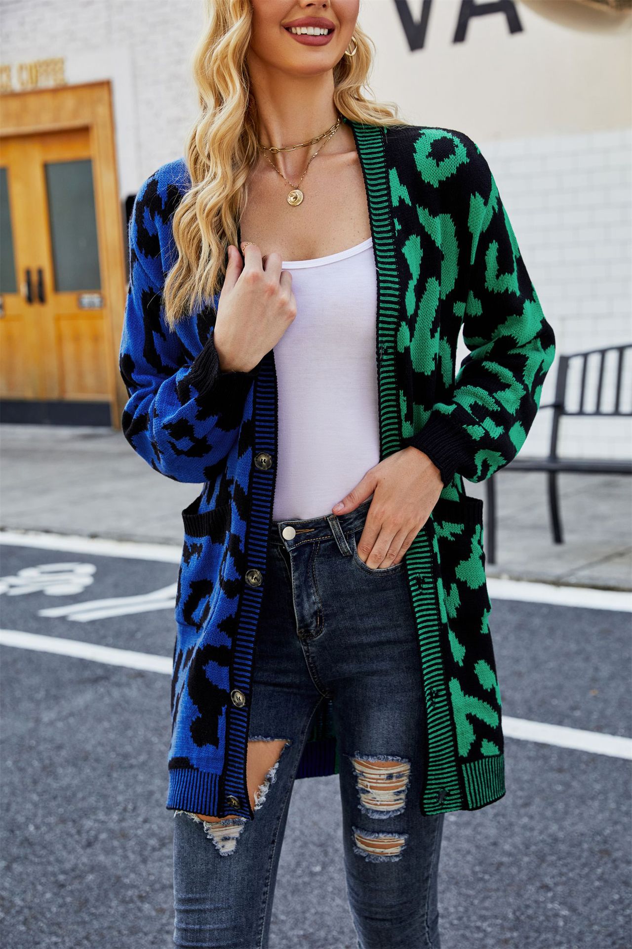 Leopard Print Color Block Knit Cardigan Mid-Length Women's Sweater